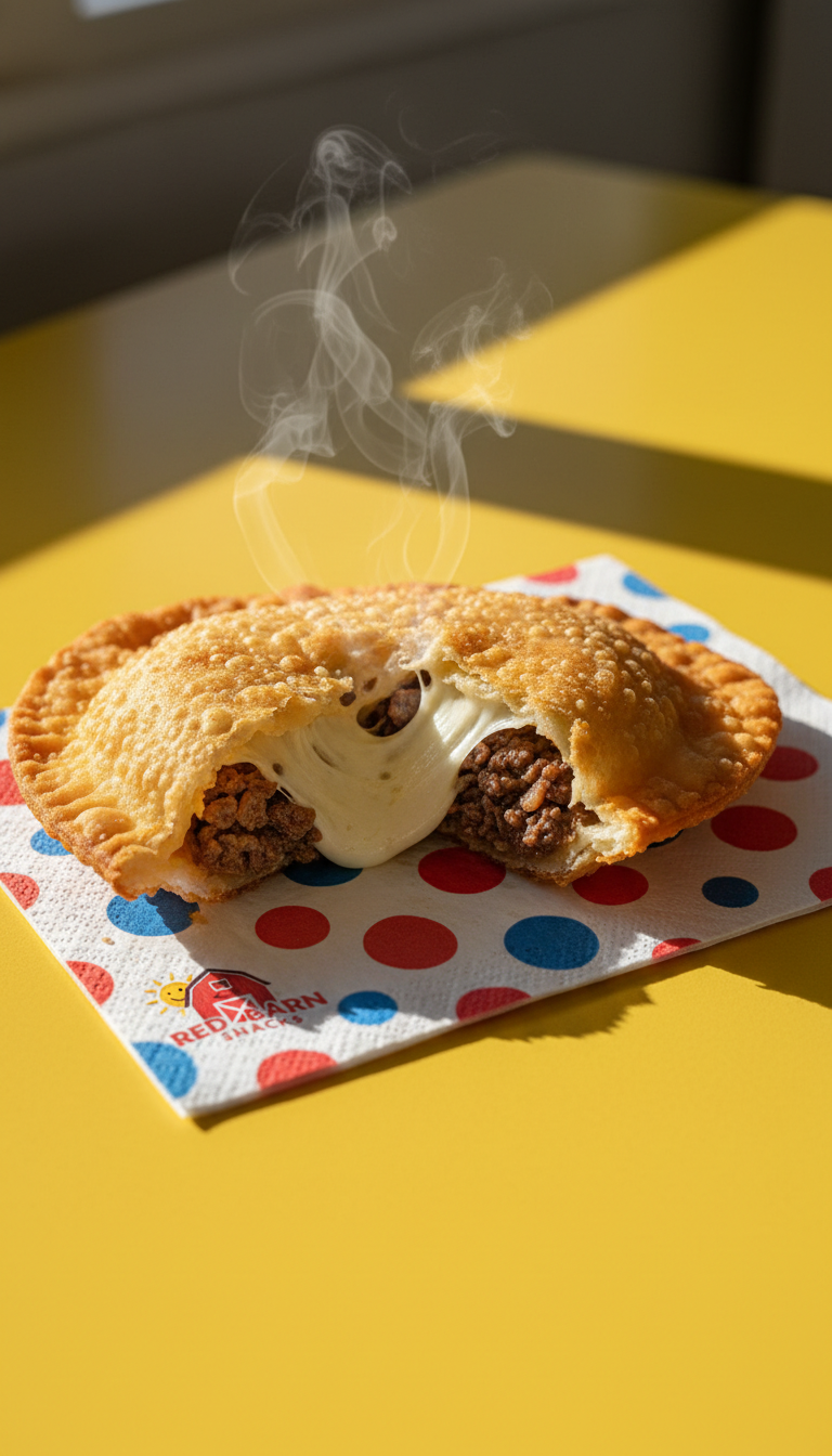 A single, oversized pastel—a flaky, golden-fried Brazilian pastry—breaks open to reveal gooey cheese and savory filling, with crisp textured edges and steam wafting out. The pastel sits atop an energetic polka-dot napkin on a sunny, lacquered yellow countertop. Bold rays of natural afternoon sun cast dramatic highlights and playful, round-edged shadows. Captured from a sharp, low-angle closeup, the composition draws attention to the snack’s irresistible details and playful textures. The overall mood is upbeat, fun, and modern, using photographic realism and vibrant color to express Red Barn Snacks’ passion for joyful, accessible treats.