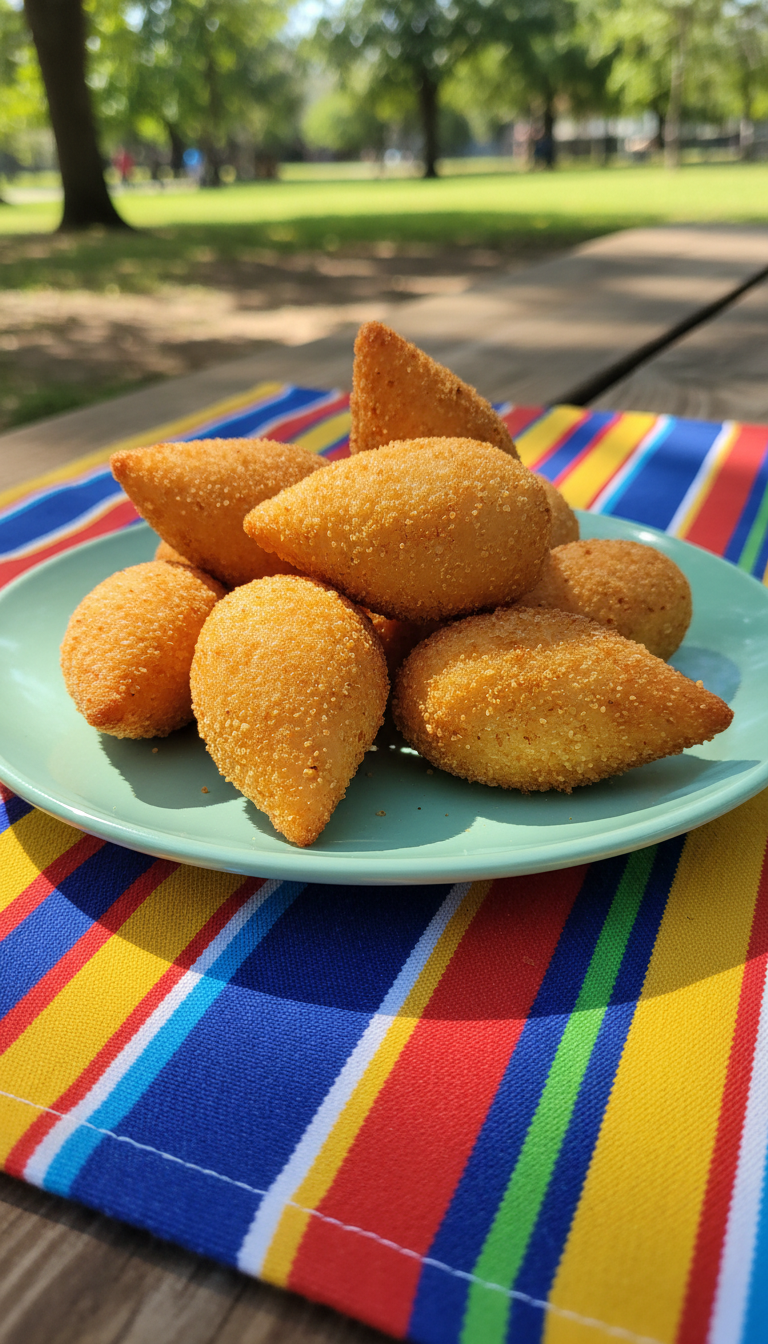 A bundle of golden, crispy coxinhas—teardrop-shaped Brazilian snacks—clustered artfully on a smooth, mint green ceramic plate with softly rounded edges. The plate rests on a multicolored picnic cloth with energetic stripes, on a bright outdoor picnic table. Lively midday sunlight creates sparkling highlights on the glossy coxinha crusts and soft, dappled shadows on the cloth. The composition is slightly angled from above, balancing playful rule-of-thirds framing with a sense of spontaneity. The scene feels fresh, upbeat, and family-friendly, channeling the playful site personality, with photographic realism and bright, cheerful aesthetic.