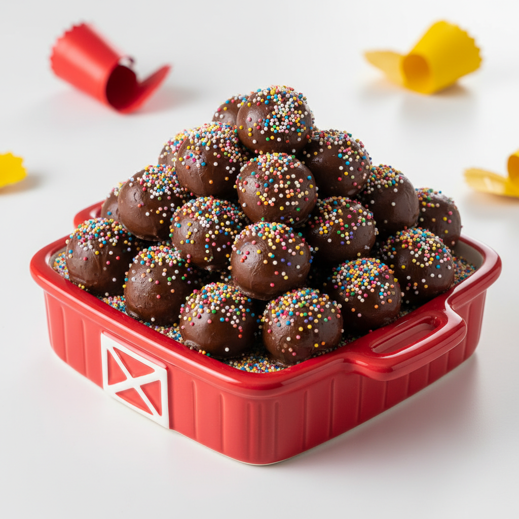 A whimsical arrangement of brigadeiros—traditional Brazilian chocolate truffles—each gleaming with a smooth chocolate coating and topped with playful rainbow sprinkles, displayed on a glossy, rounded ceramic tray shaped like a barn. The tray is placed at the center of a clean, white tabletop, accentuated by pops of vivid red and yellow snack wrappers curling gently around the background. Overhead, bright studio lighting creates brilliant highlights on the truffle surfaces and a lively gleam across the tray's glossy curves. The image is captured from a close-up, overhead angle, employing a sharp focus and vibrant, energetic composition. The overall vibe is fun, joyful, and visually bold, in keeping with the playful personality and photographic realism of Red Barn Snacks.