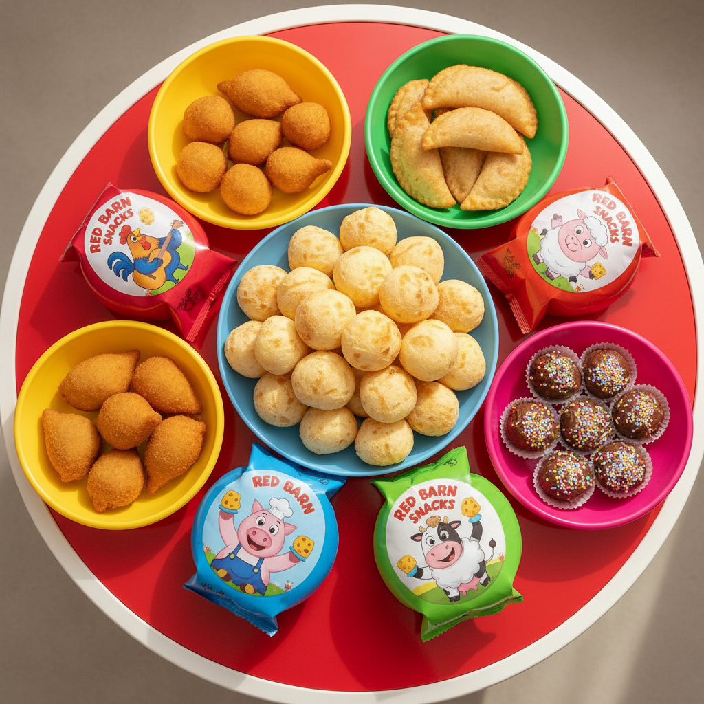 An exuberant assortment of traditional Brazilian snacks—pão de queijo, coxinha, pastel, and brigadeiros—arranged on rounded, colorful platters in a whimsical circular pattern atop a glossy red barn-shaped table. The surface gleams in bold, saturated hues, accented by playful snack packaging with cartoonish barn animals. Overhead, diffuse, cheerful daylight gently illuminates the snacks, creating a lively interplay of color and soft shadow. The bird’s-eye composition uses symmetry and vibrant energy to capture the festive, all-ages appeal of Red Barn Snacks. The image style is photographic and bright, with rounded forms and energetic, playful mood.